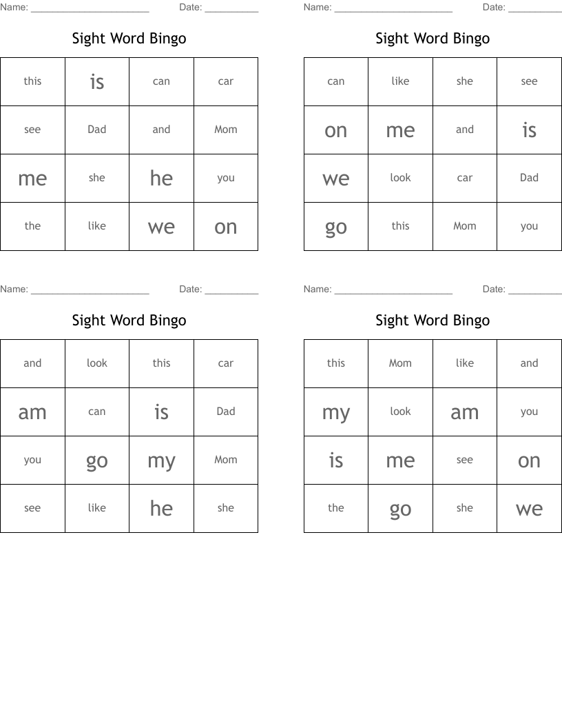 Sight Word Bingo