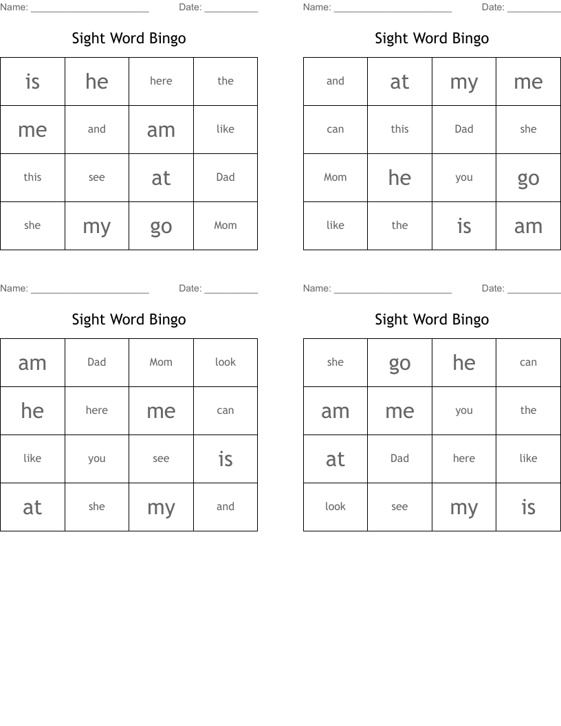 Sight Word Bingo
