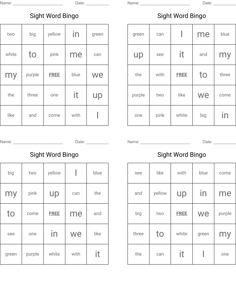 Sight Word Bingo