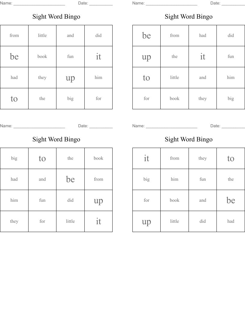 Sight Word Bingo