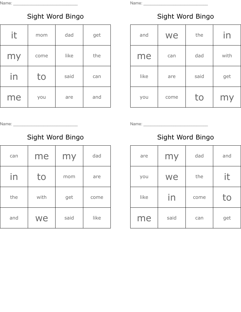 Sight Word Bingo