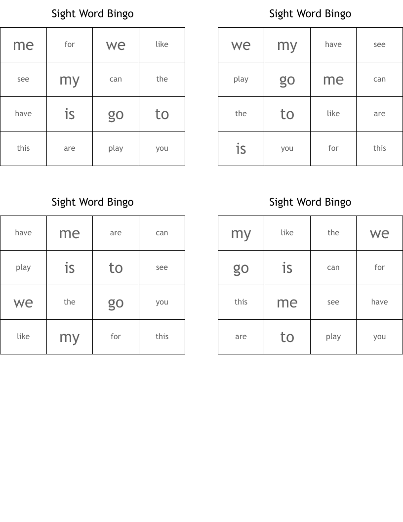 Sight Word Bingo