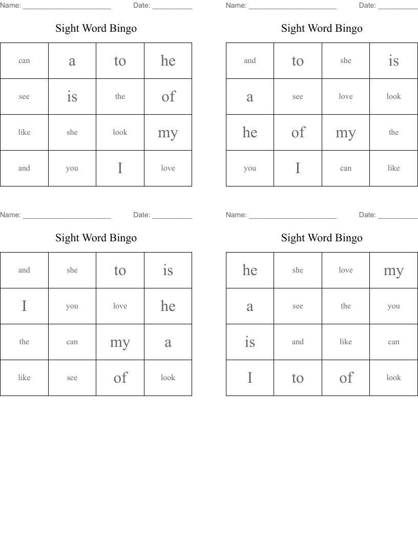 Sight Word Bingo
