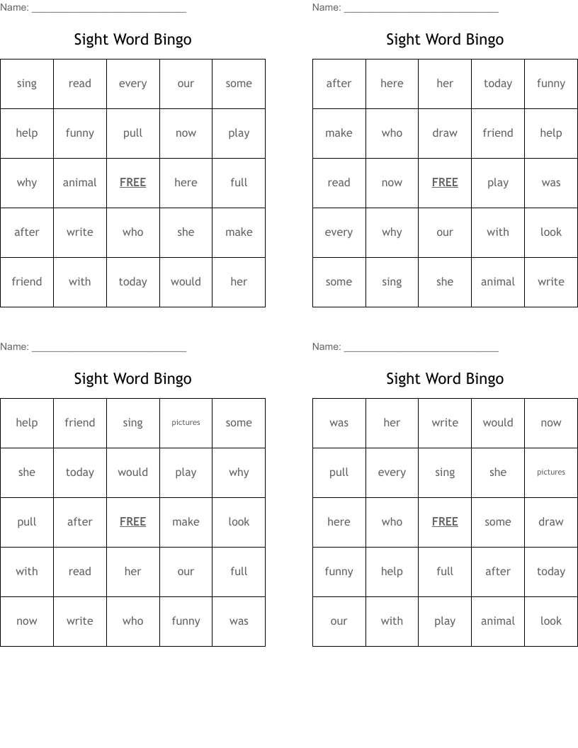 Sight Word Bingo