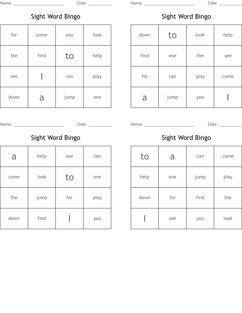 Sight Word Bingo