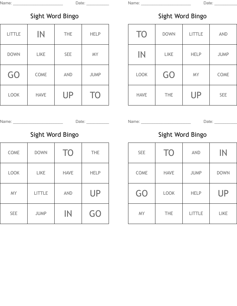 Sight Word Bingo