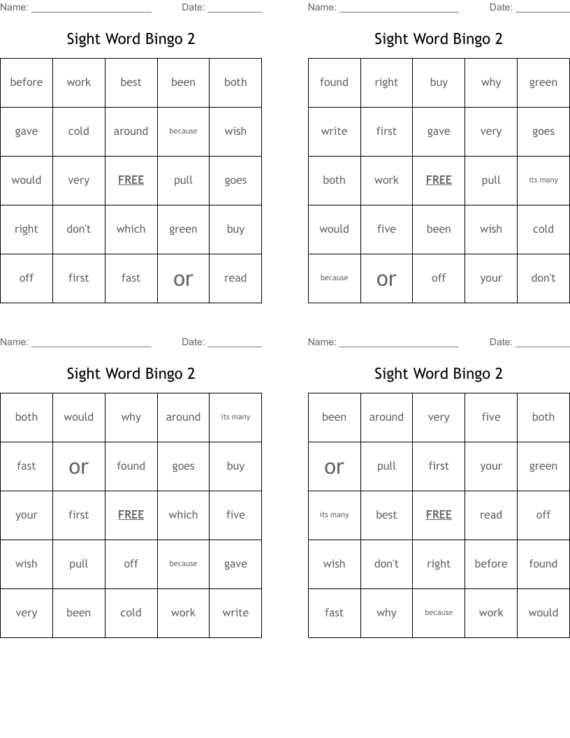 Sight Word Bingo 2