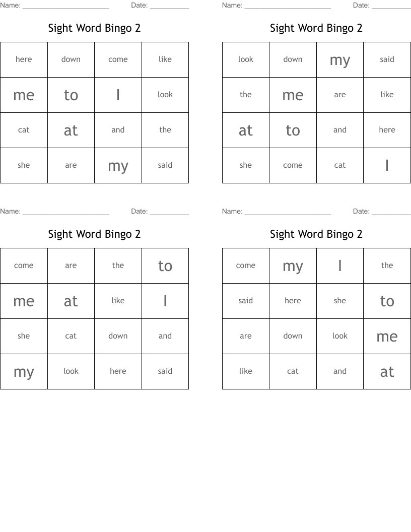 Sight Word Bingo 2