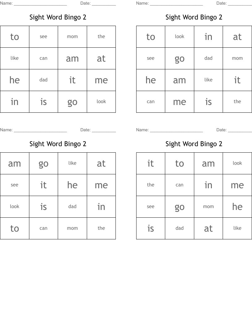 Sight Word Bingo 2