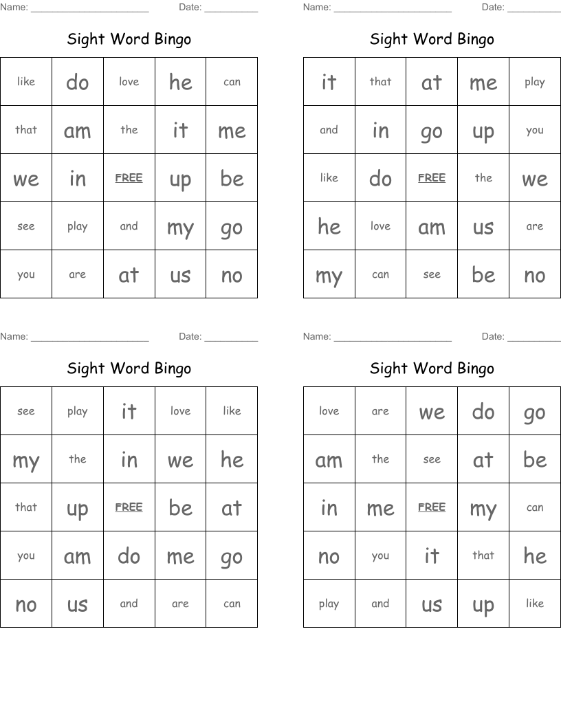 Sight Word Bingo
