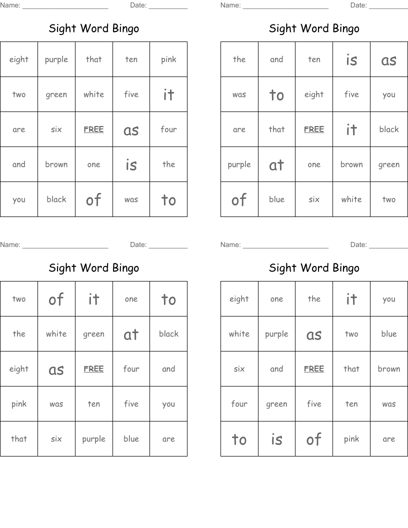 Sight Word Bingo