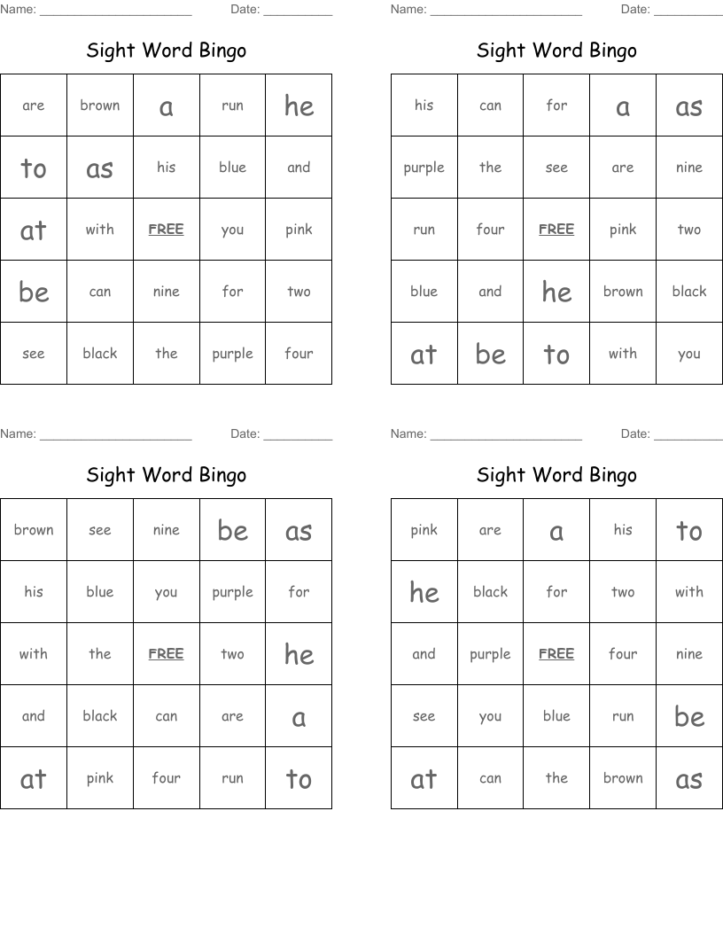 Sight Word Bingo