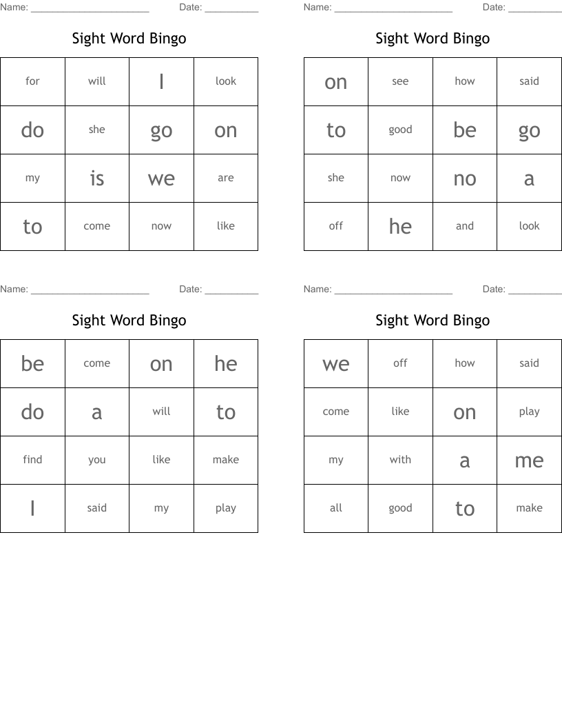 Sight Word Bingo