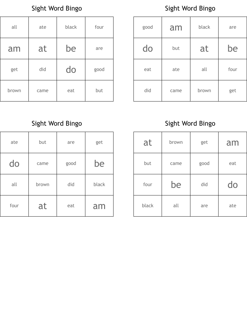 Sight Word Bingo