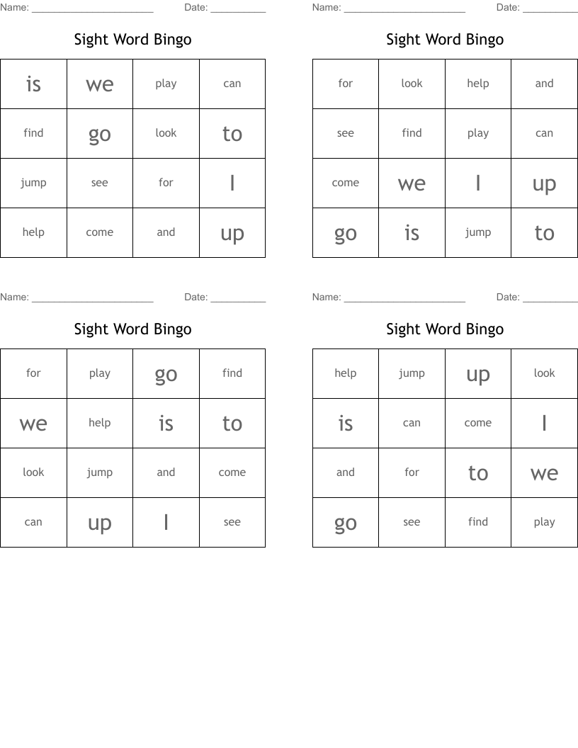 Sight Word Bingo
