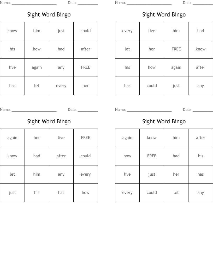 Sight Word Bingo