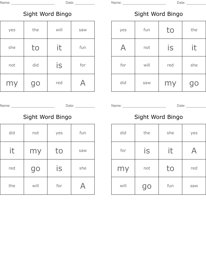 Sight Word Bingo