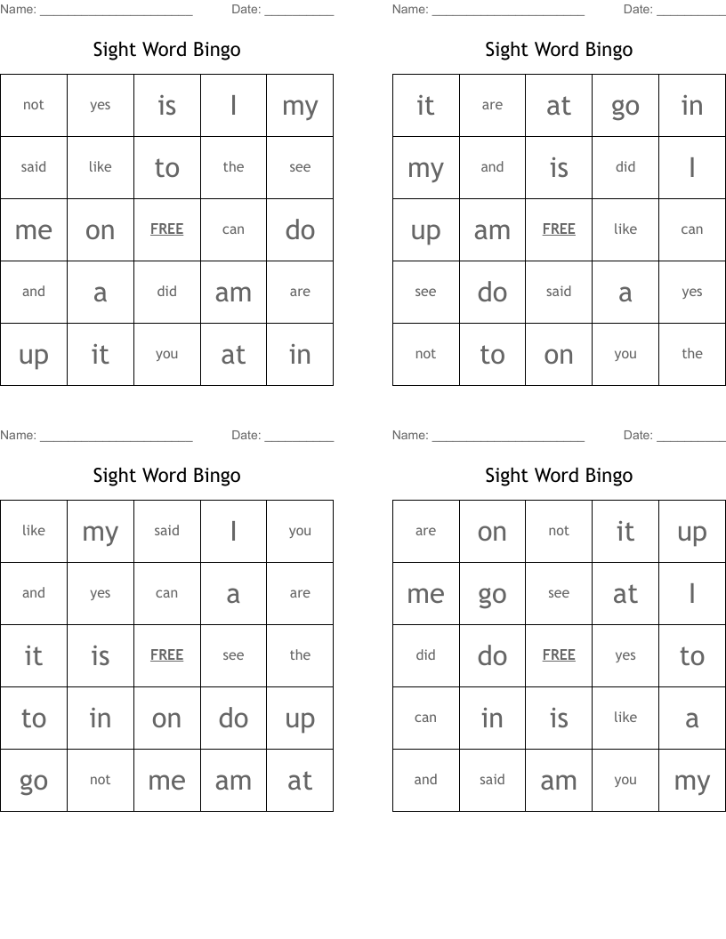 Sight Word Bingo