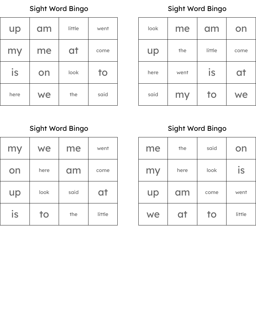 Sight Word Bingo