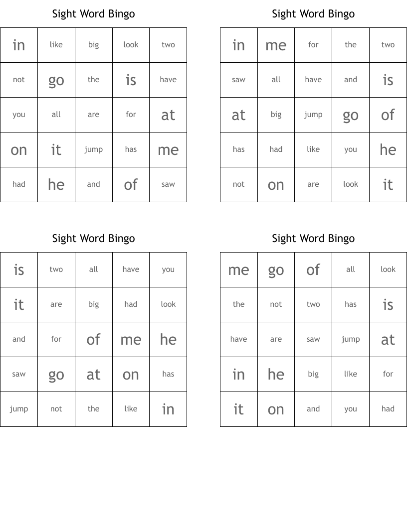Sight Word Bingo