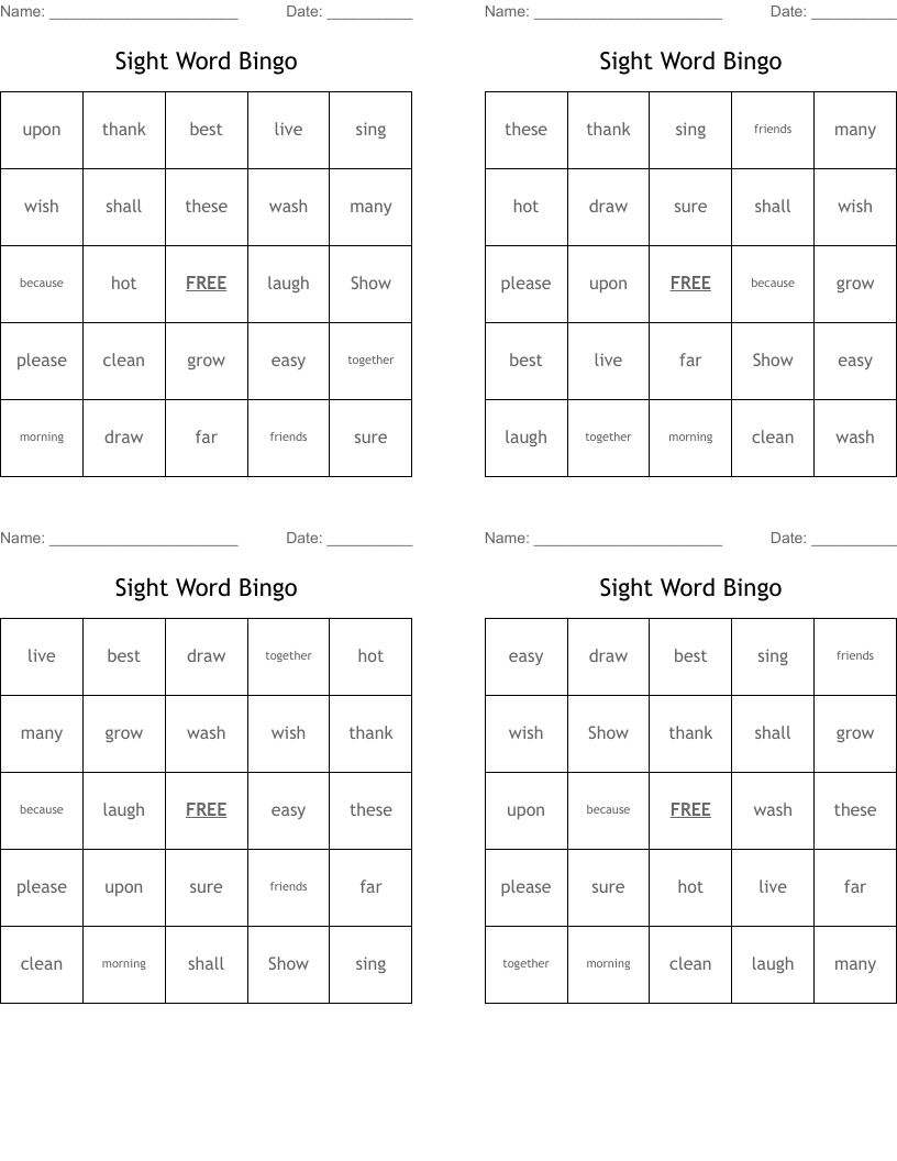Sight Word Bingo
