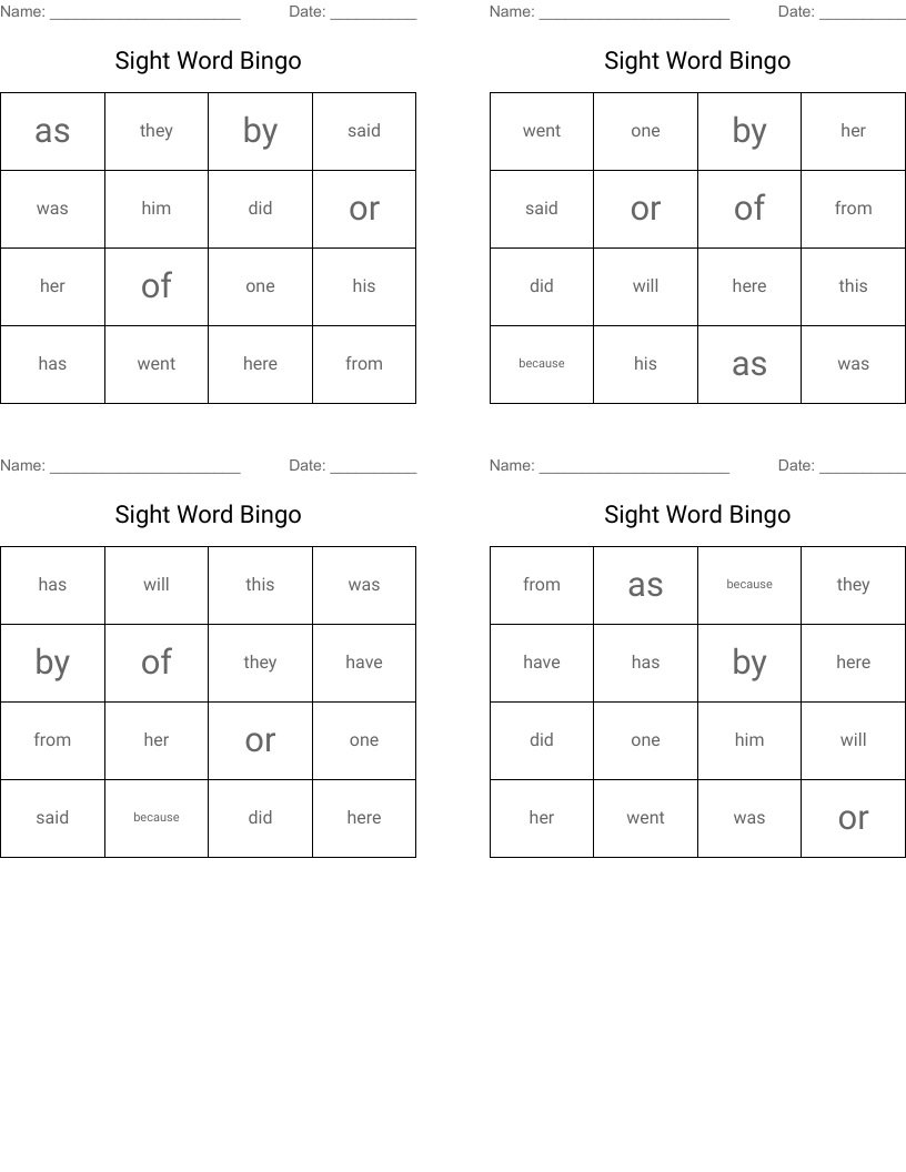 Sight Word Bingo