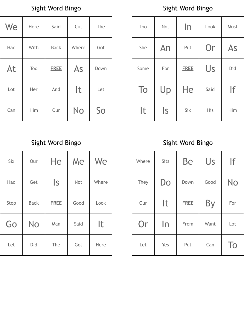 Sight Word Bingo