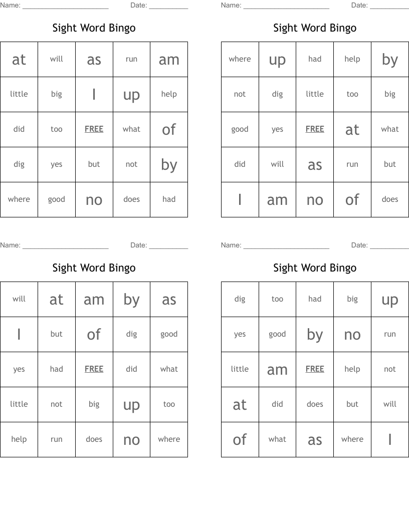 Sight Word Bingo
