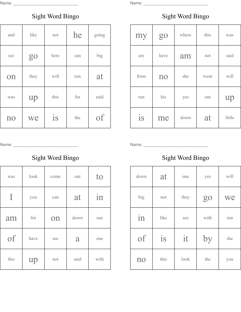 Sight Word Bingo