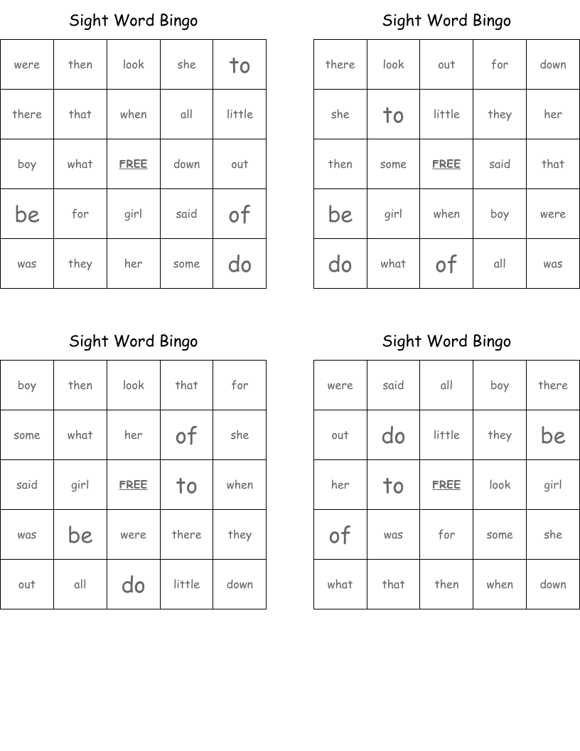 Sight Word Bingo
