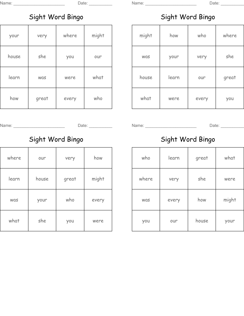 Sight Word Bingo