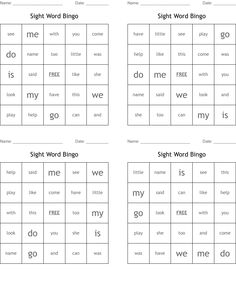 Sight Word Bingo