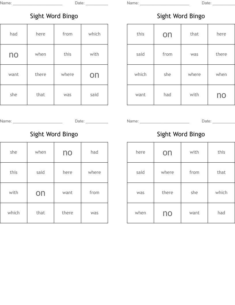 Sight Word Bingo