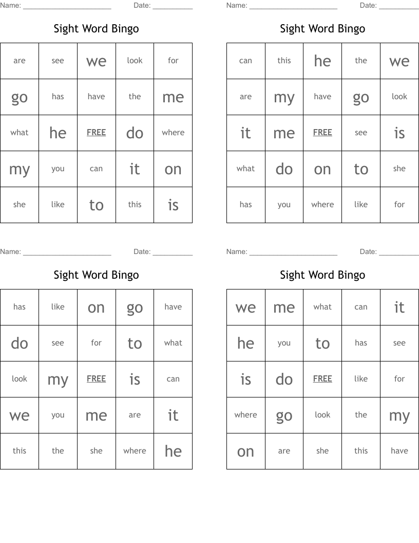 Sight Word Bingo