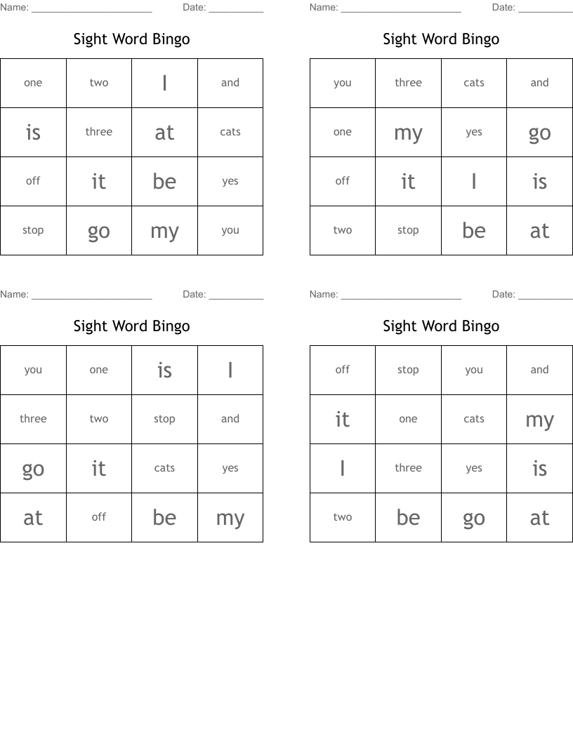 Sight Word Bingo
