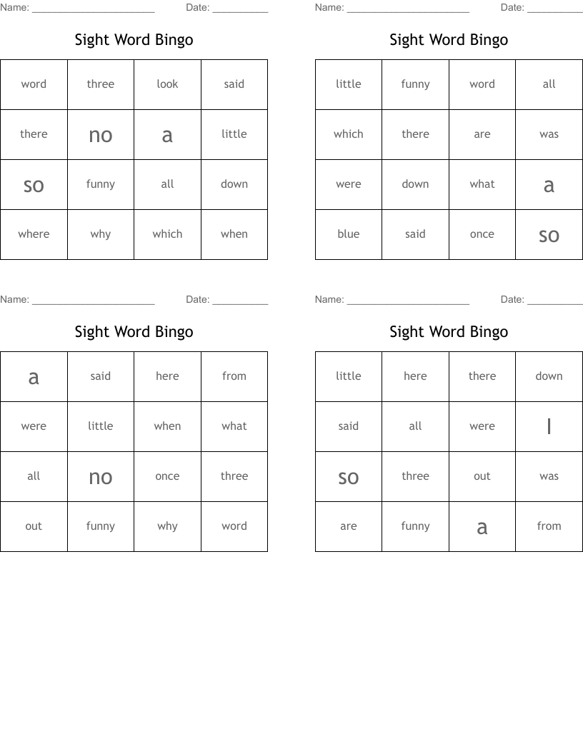 Sight Word Bingo