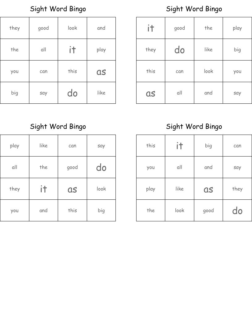 Sight Word Bingo