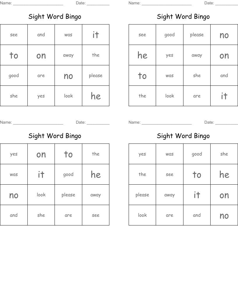 Sight Word Bingo