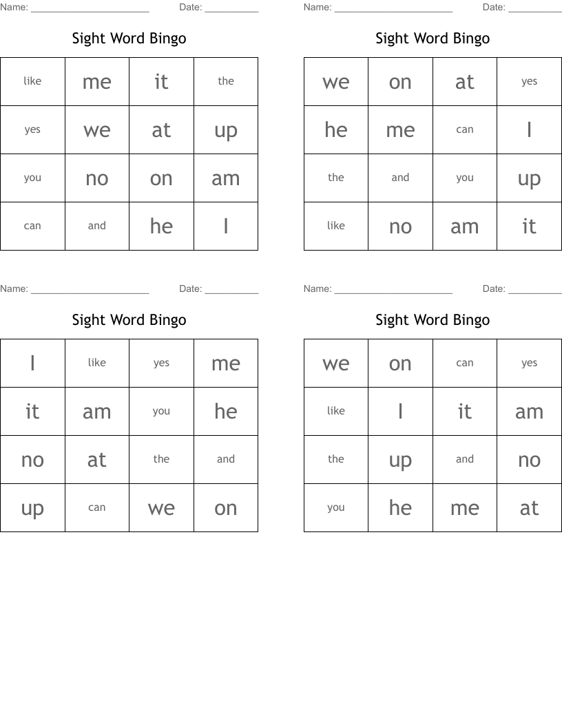 Sight Word Bingo