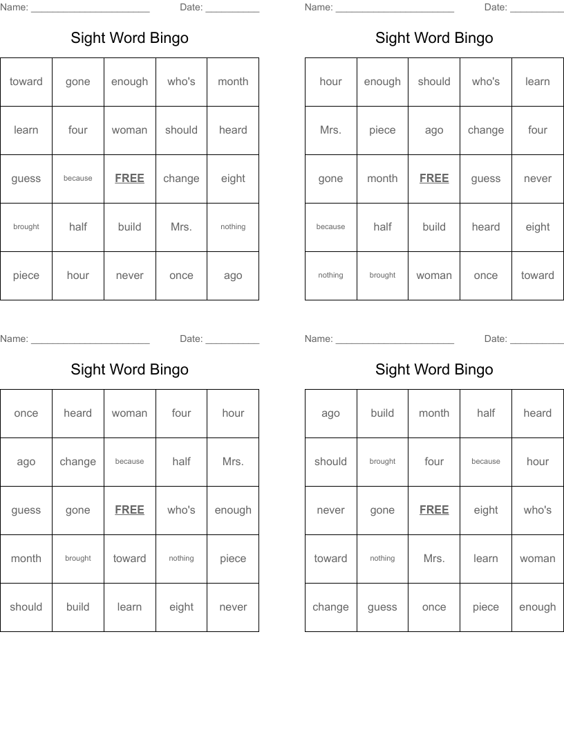 Sight Word Bingo