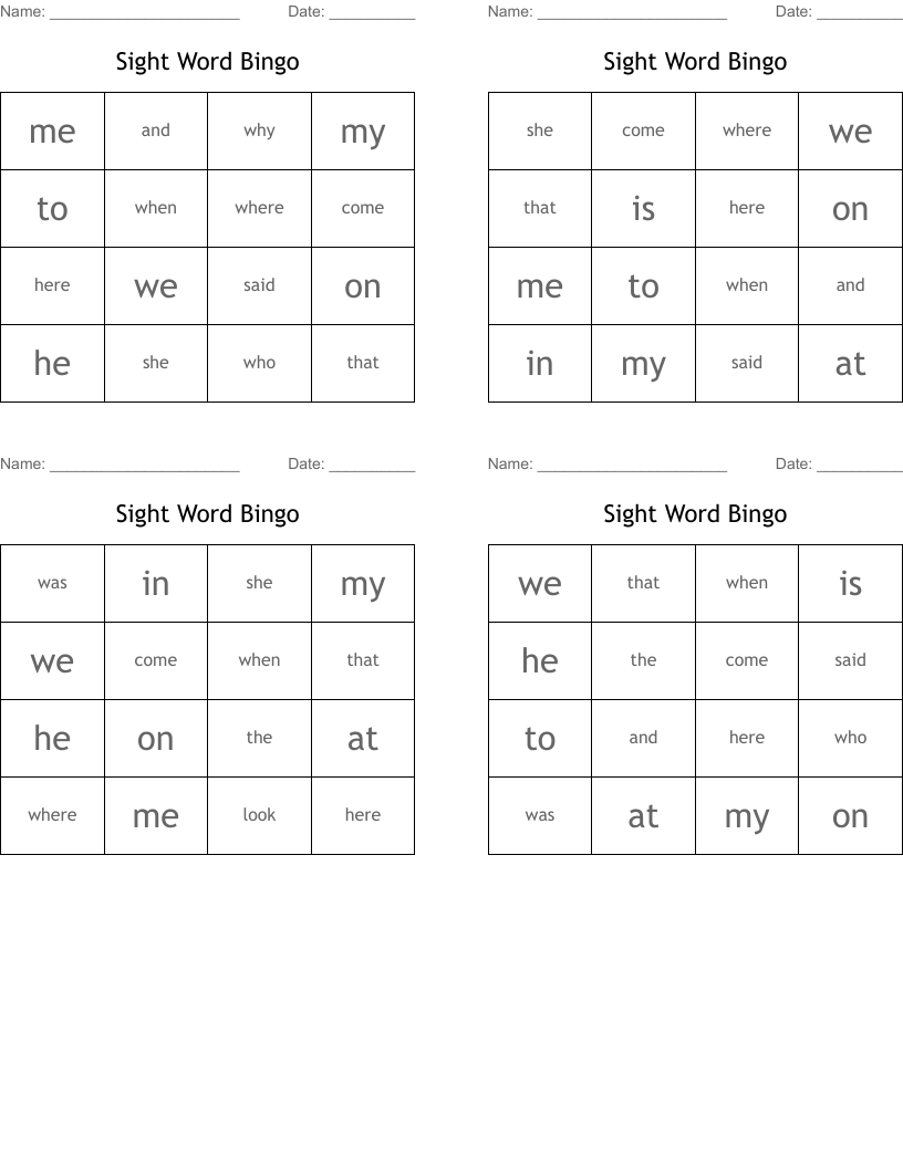 Sight Word Bingo