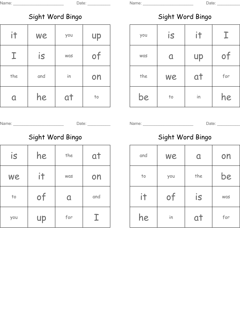 Sight Word Bingo