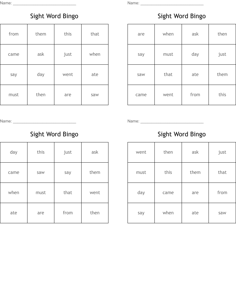 Sight Word Bingo