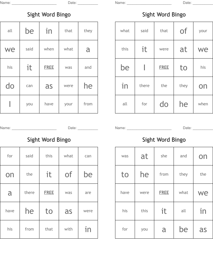 Sight Word Bingo