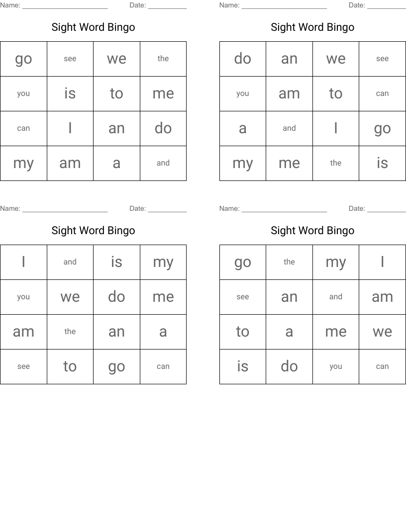 Sight Word Bingo