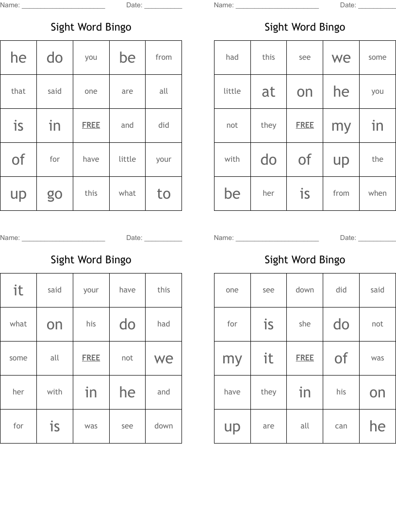 Sight Word Bingo