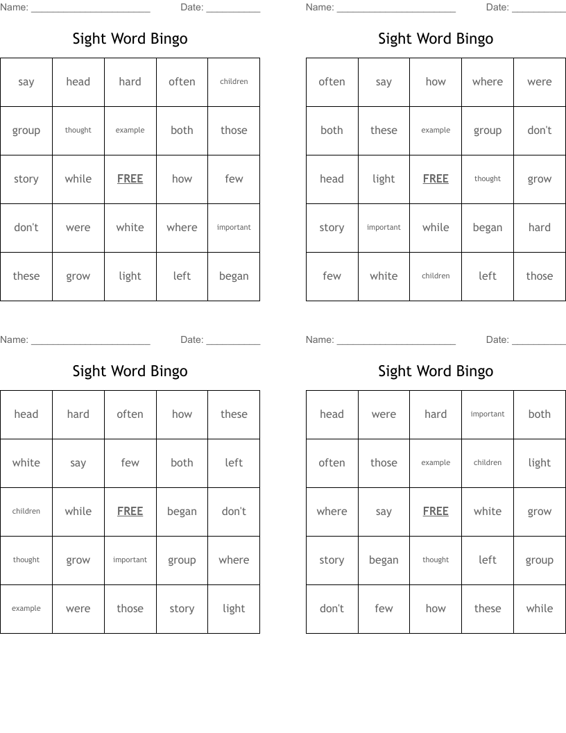 Sight Word Bingo