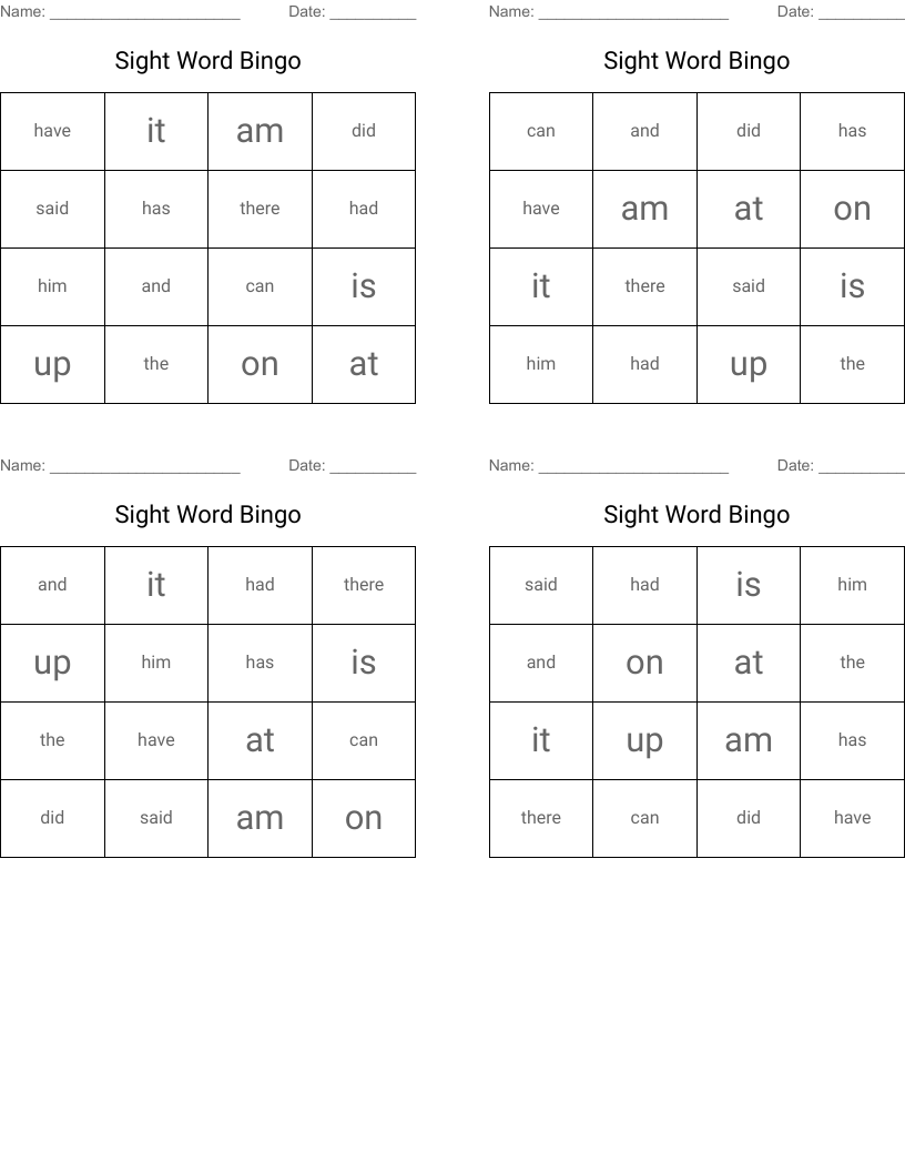Sight Word Bingo
