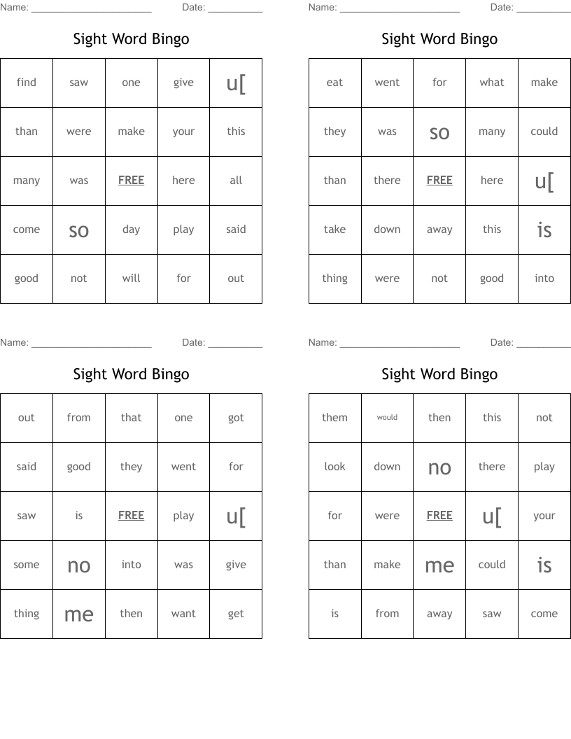 Sight Word Bingo