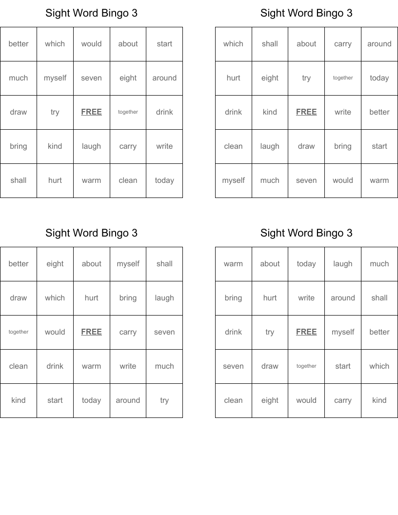Sight Word Bingo 3